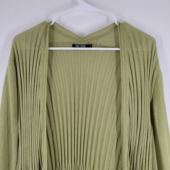 Nic + Zoe Open Cardgian Womens Large Green Pleat Cotton Blend Lightweight - Picture 2 of 9